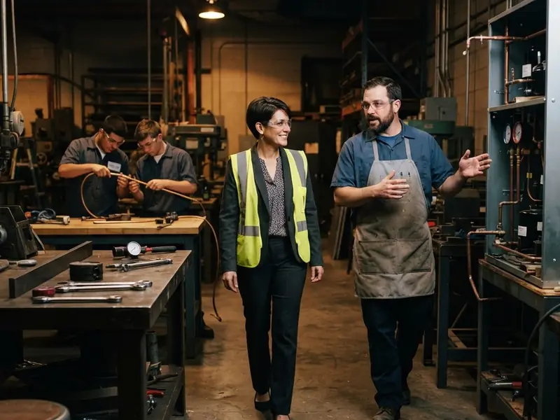 A district administrator in a safety vest and glasses tours a school trades shop with the program's teacher.