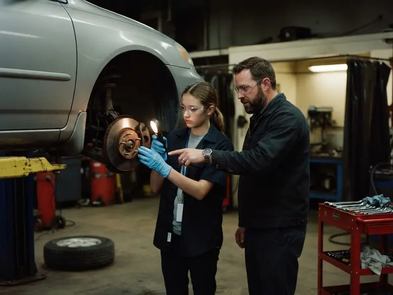 A student in safety glasses and nitrile gloves inspects a brake rotor on a car raised on a lift, with her instructor beside her.