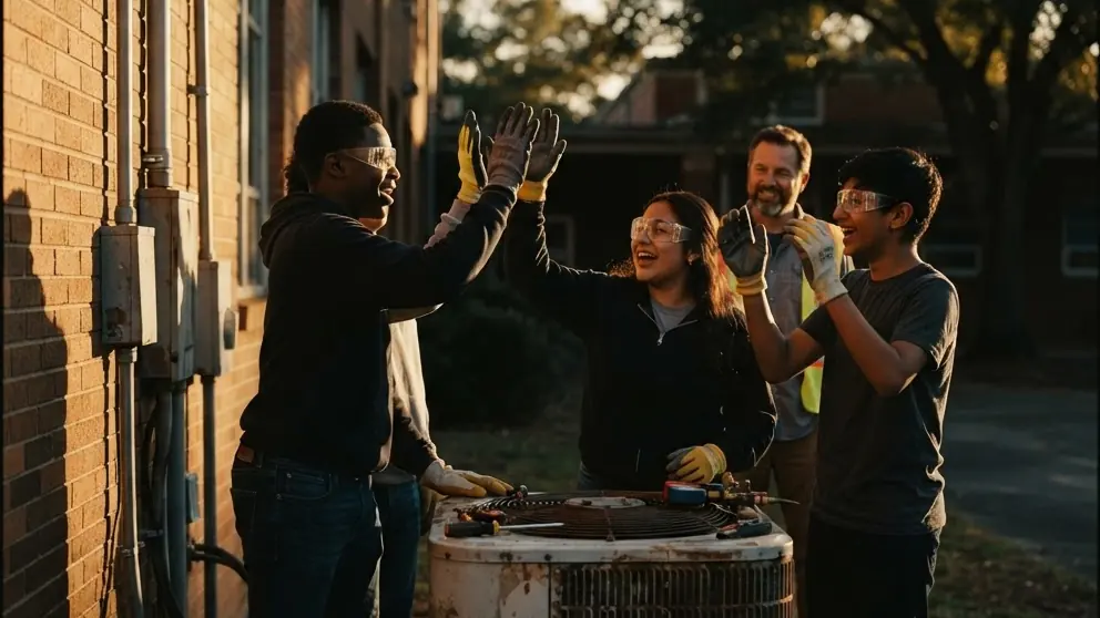 A student crew in safety glasses and gloves high-fives beside the outdoor air conditioning unit they just repaired.