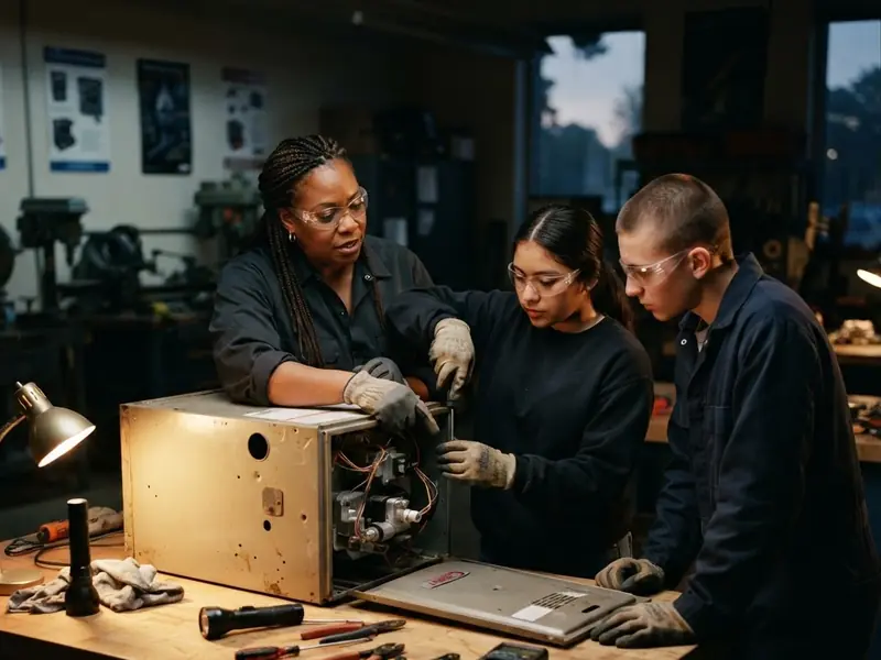 A trade teacher in safety glasses guides two students as they open the panel of a donated gas furnace on a workbench.