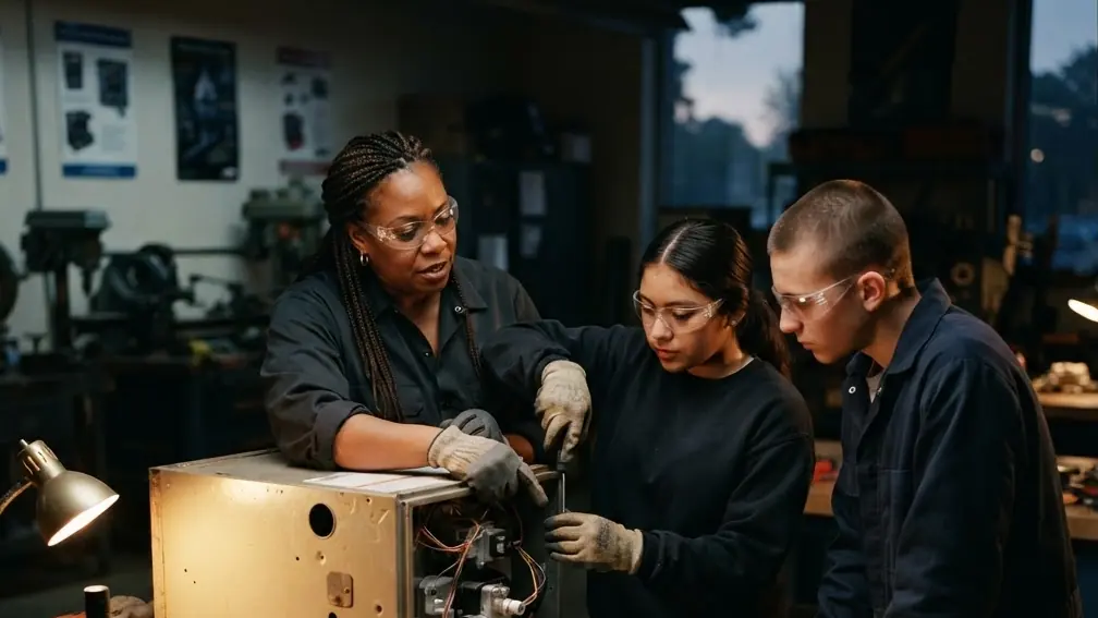 A trade teacher in safety glasses guides two students as they open the panel of a donated gas furnace on a workbench.