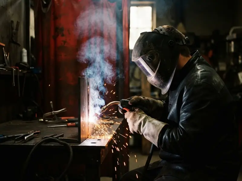 A student in a lowered welding helmet, leather jacket and gauntlets welds steel plate as sparks fly.
